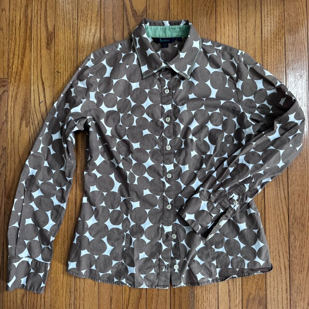 Boden Brown Dot Contrast‑Collar Button Front Blouse – Size US 6 (EU 10)